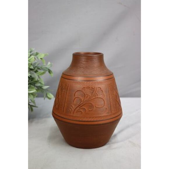 Vintage Intaglio Etched Redware Flower Vase, Signed Bottom - Picture 1 of 9